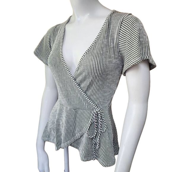 Caution to the Wind Green & White Striped Faux Wrap Top (S) - Picture 1 of 5